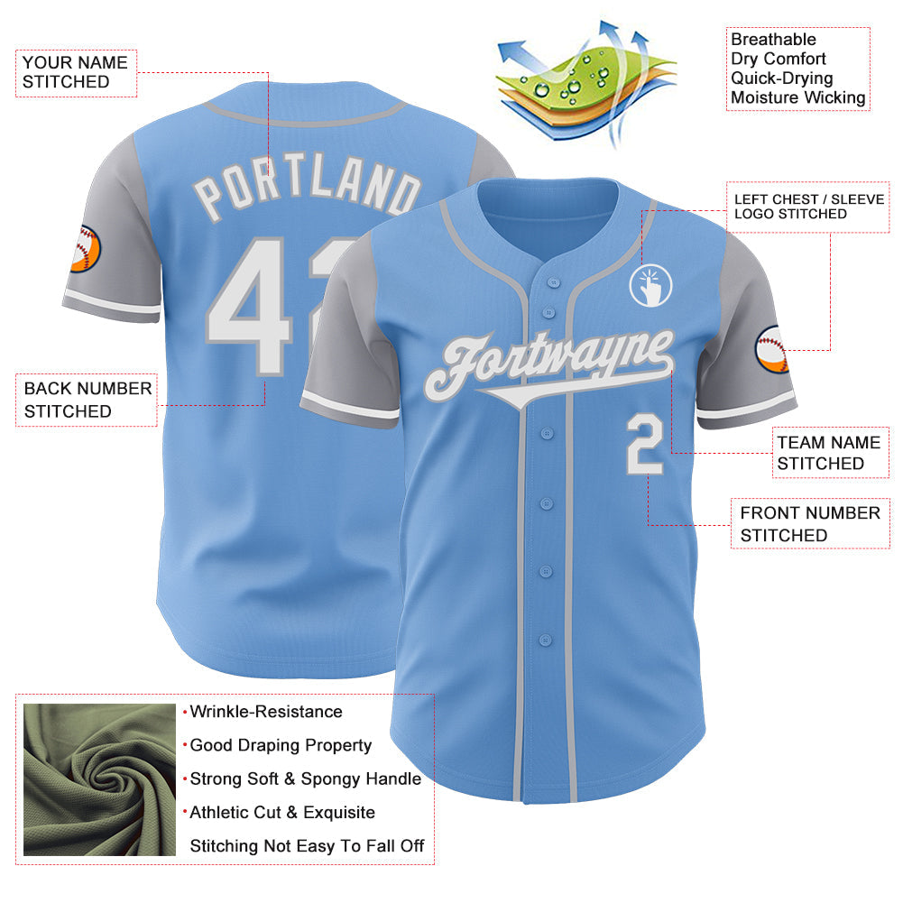 Custom Light Blue White-Gray Authentic Two Tone Baseball Jersey view 3