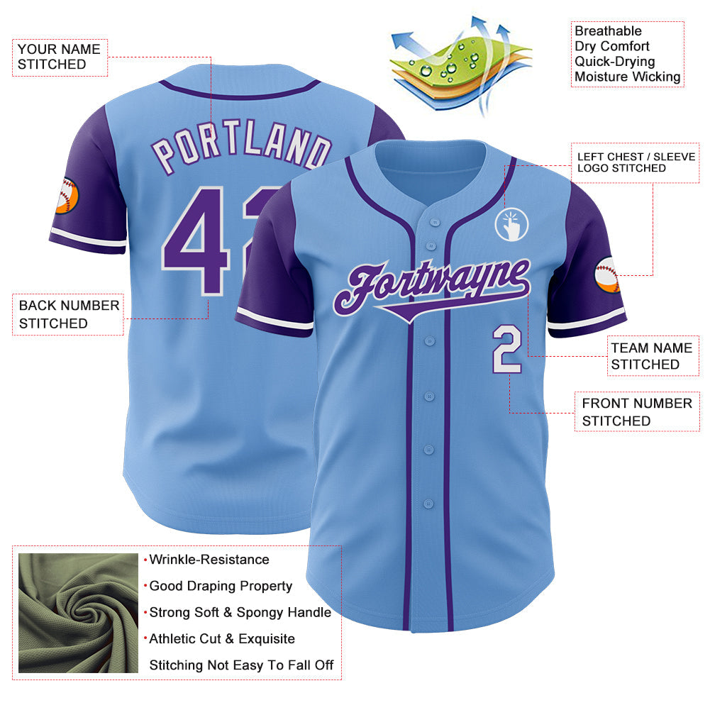 Custom Light Blue Purple-White Authentic Two Tone Baseball Jersey view 3