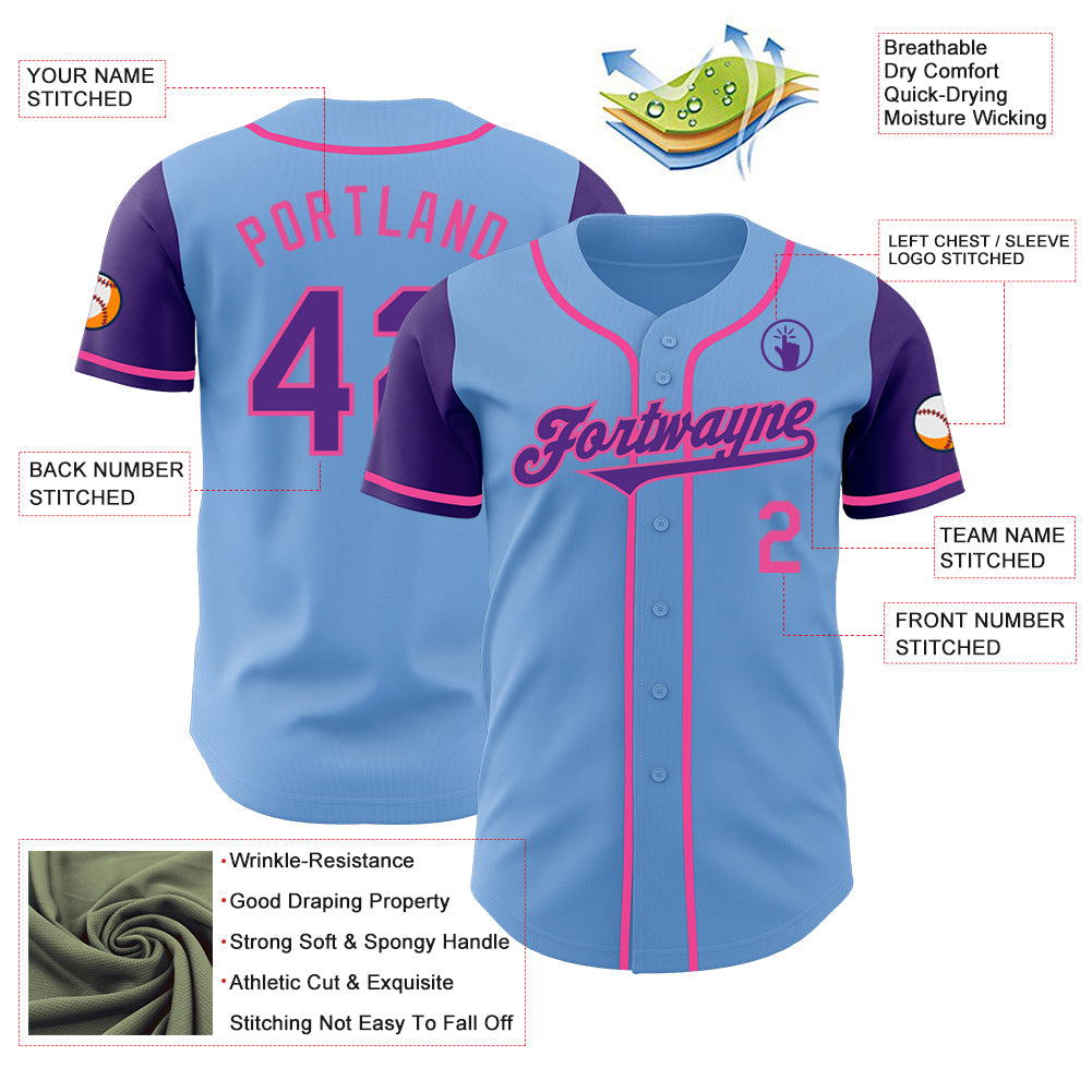 Custom Light Blue Purple-Pink Authentic Two Tone Baseball Jersey view 3