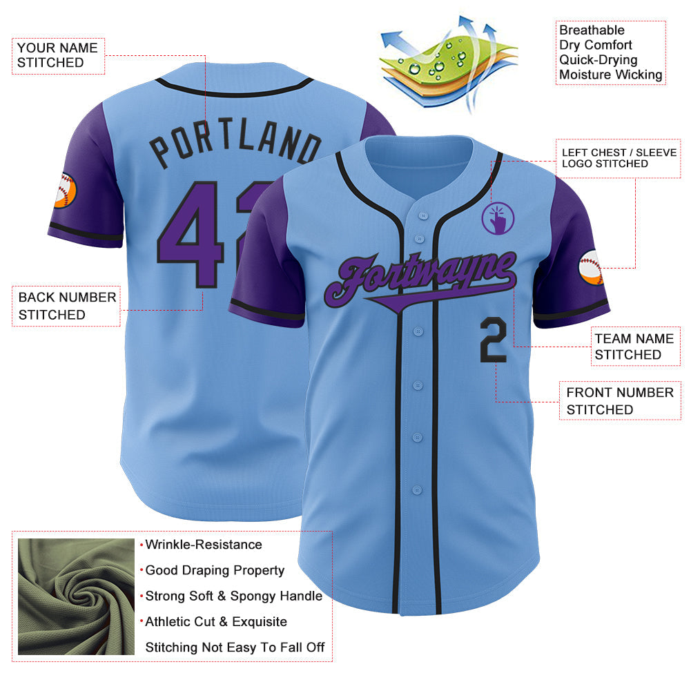 Custom Light Blue Purple-Black Authentic Two Tone Baseball Jersey view 3