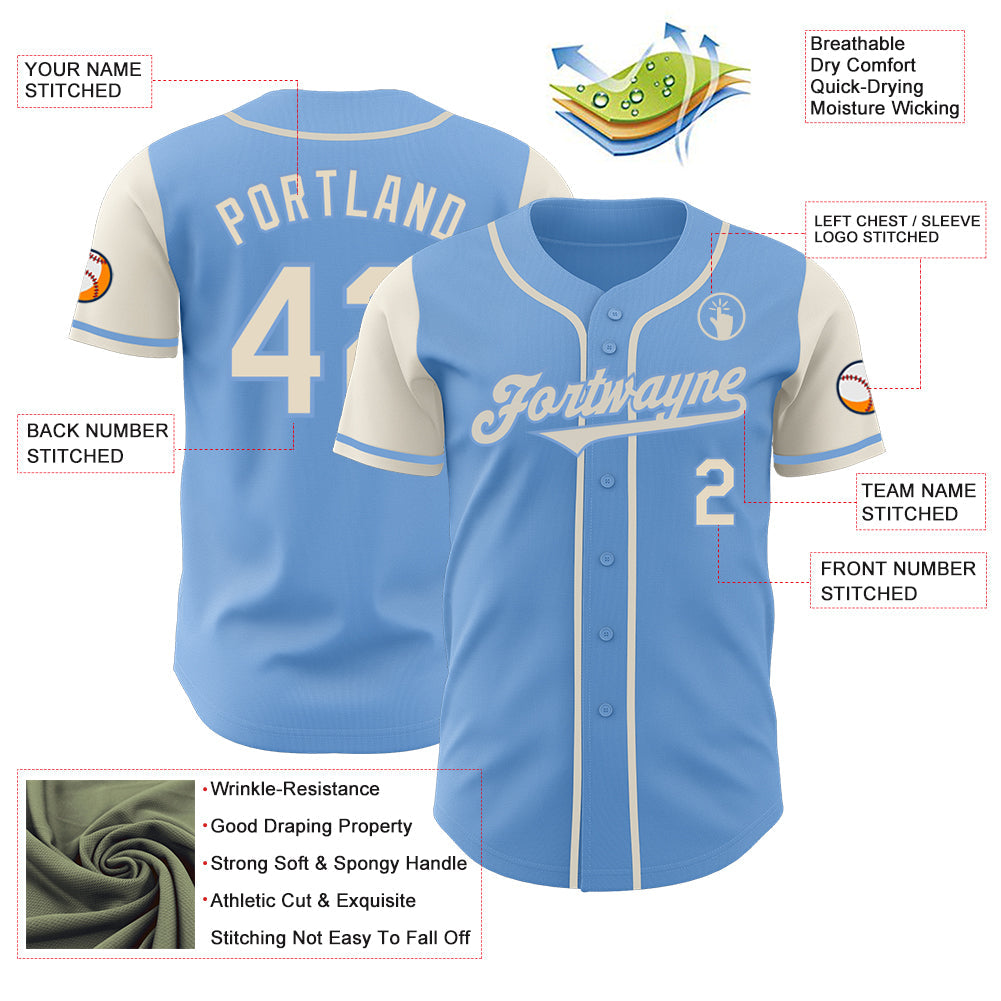 Custom Light Blue Cream Authentic Two Tone Baseball Jersey view 3