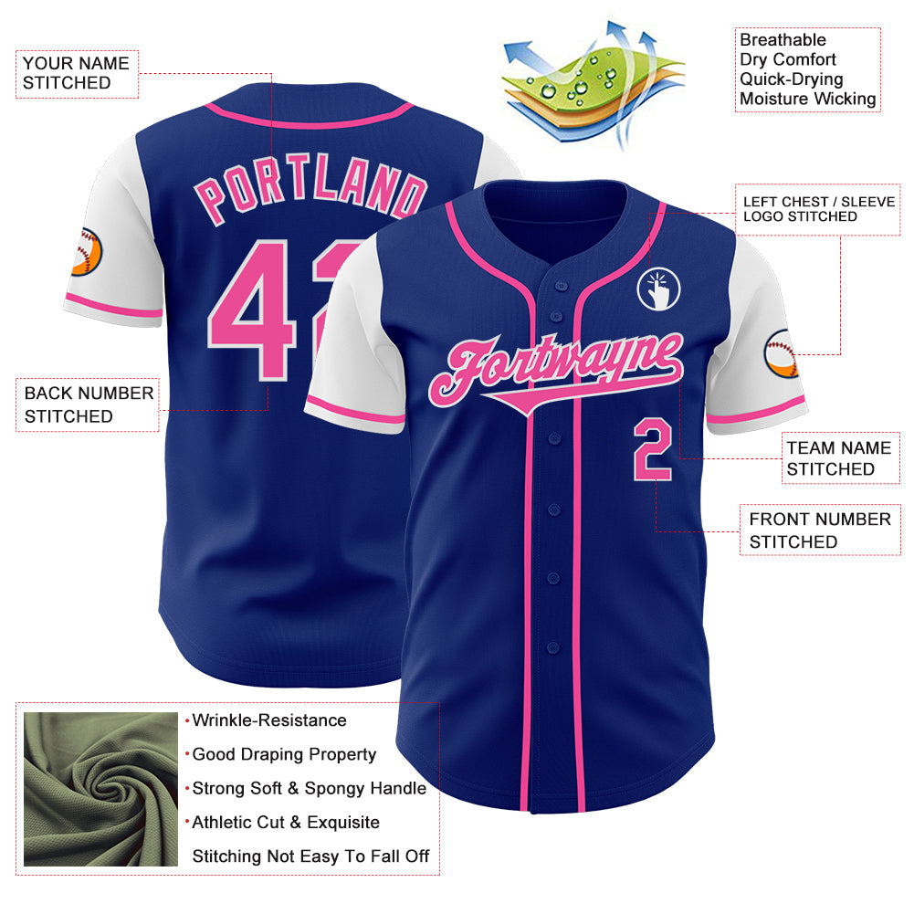 Custom Royal Pink-White Authentic Two Tone Baseball Jersey view 3