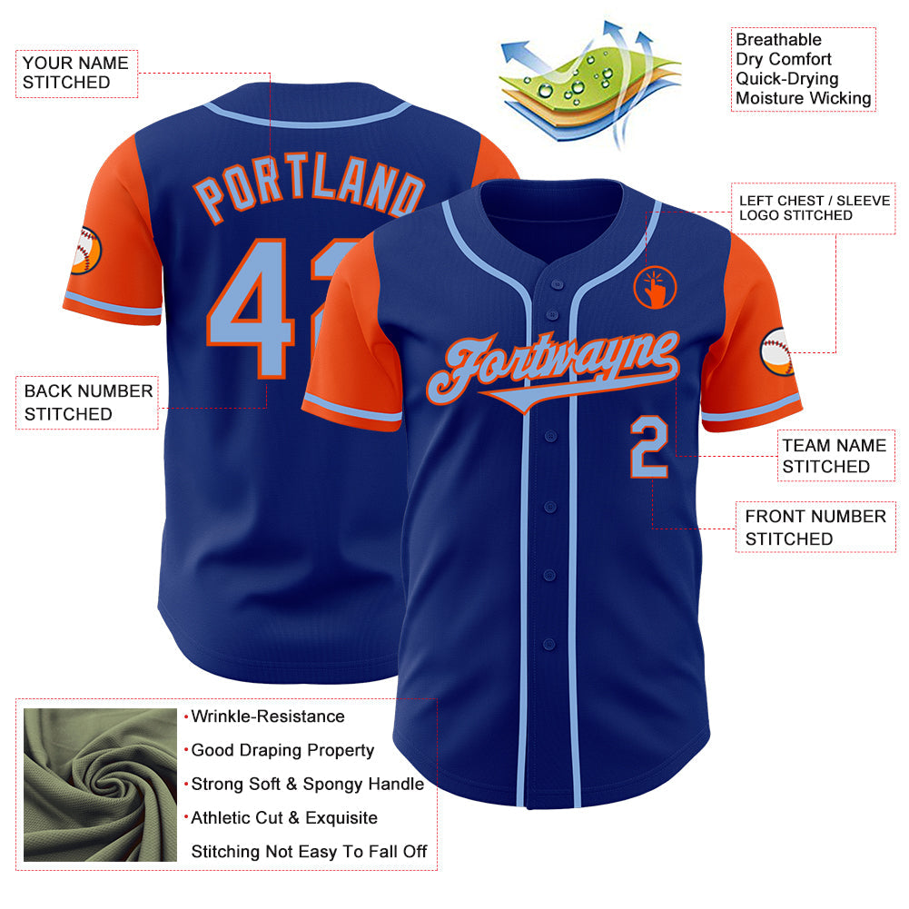 Custom Royal Light Blue-Orange Authentic Two Tone Baseball Jersey view 3