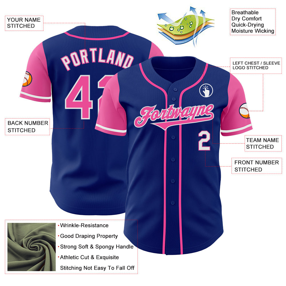 Custom Royal Pink-White Authentic Two Tone Baseball Jersey view 3