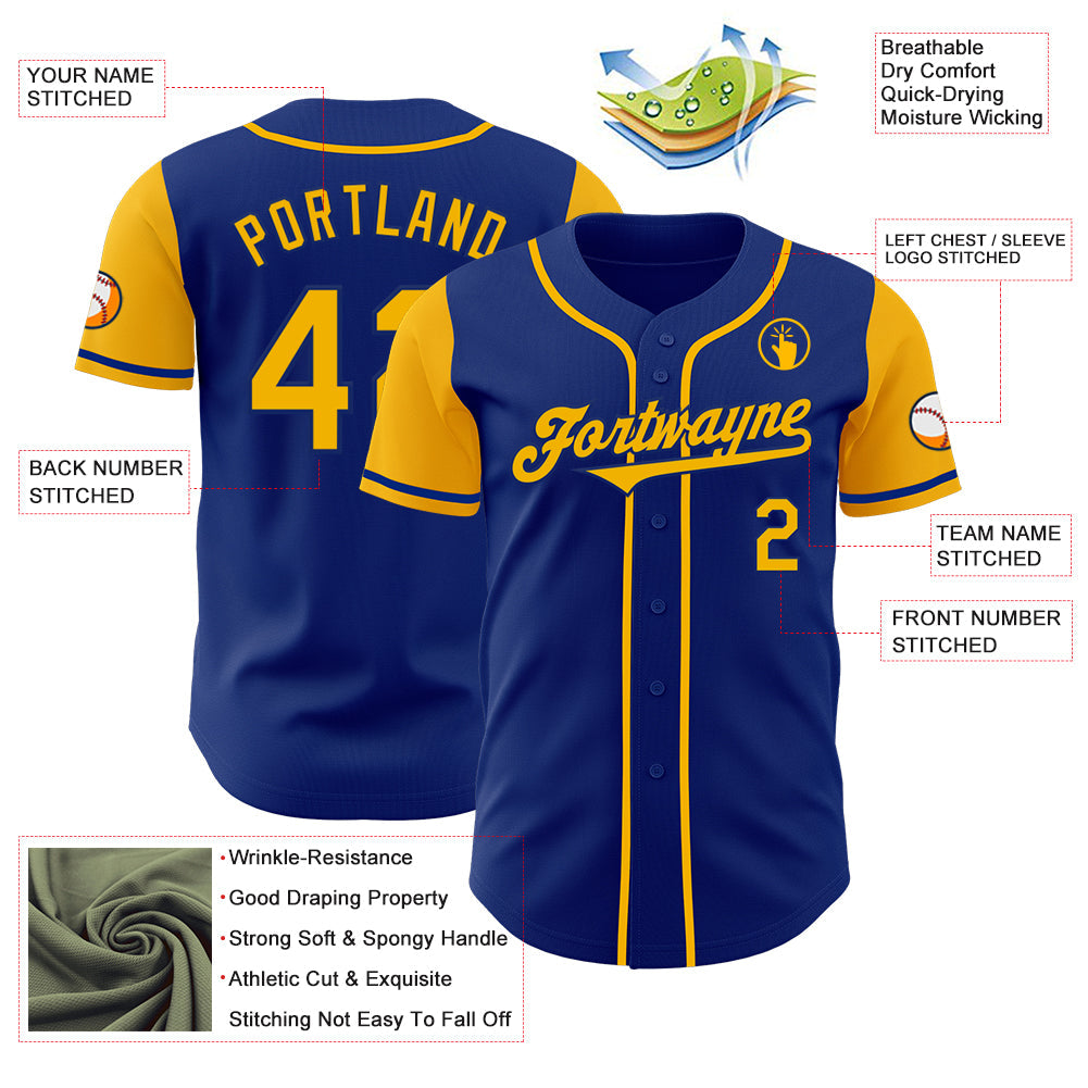 Custom Royal Gold Authentic Two Tone Baseball Jersey view 3
