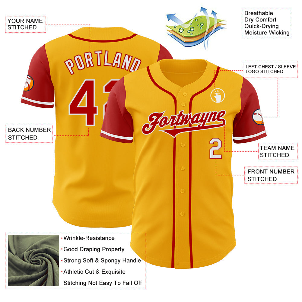 Custom Gold Red-White Authentic Two Tone Baseball Jersey view 3