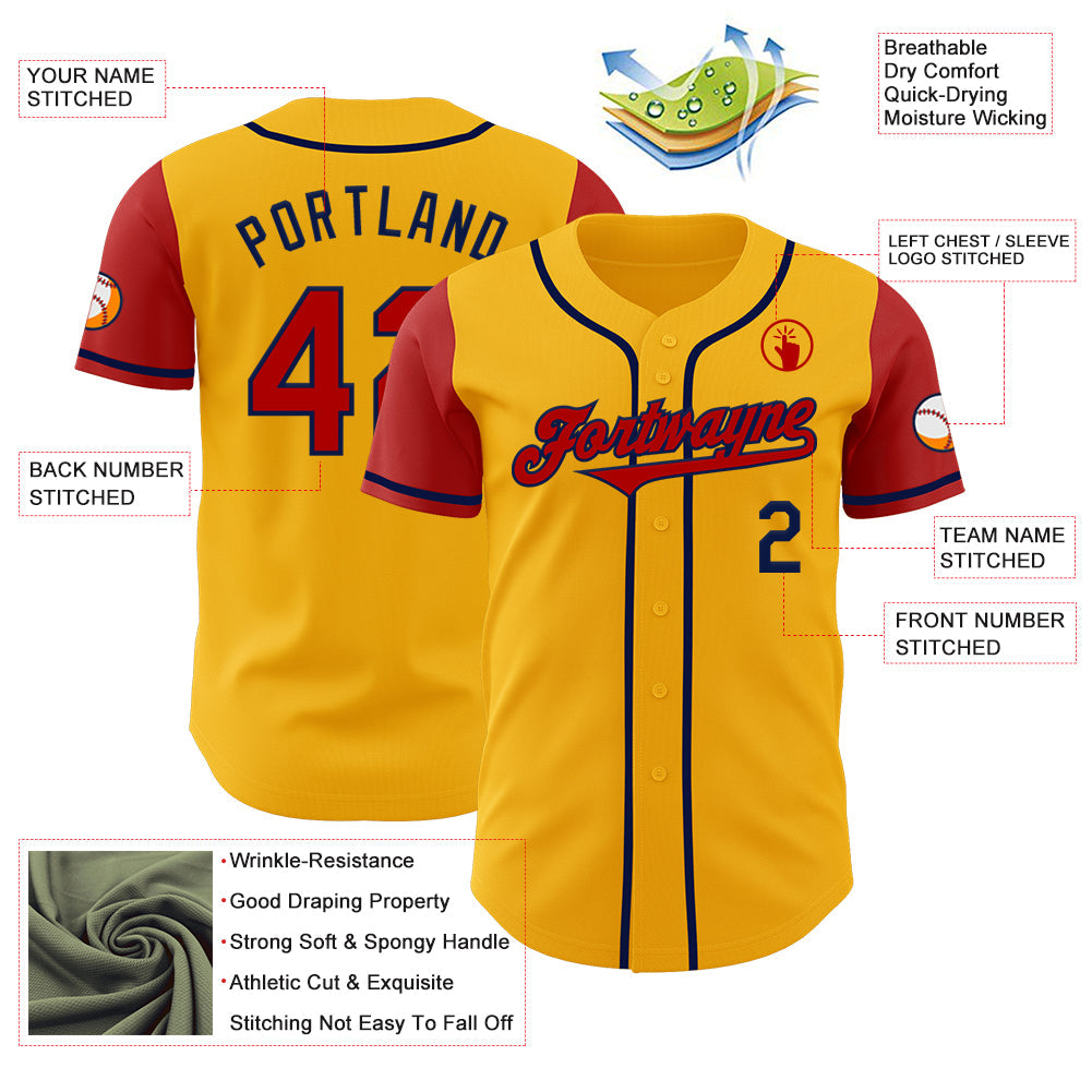 Custom Gold Red-Navy Authentic Two Tone Baseball Jersey view 3