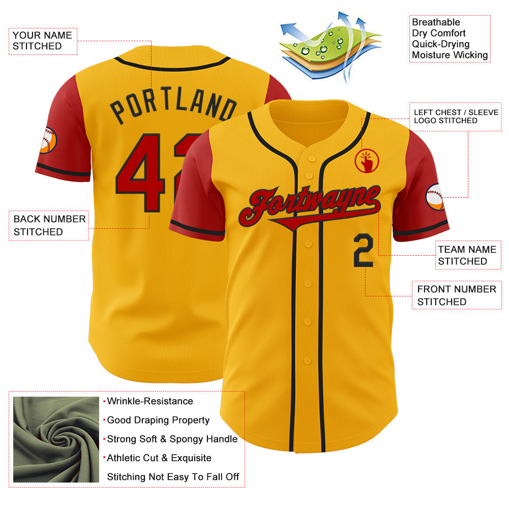 Custom Gold Red-Black Authentic Two Tone Baseball Jersey view 3
