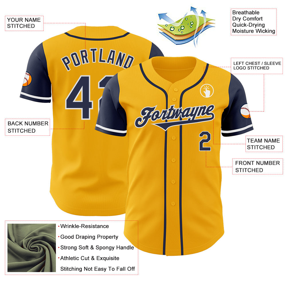 Custom Gold Navy-White Authentic Two Tone Baseball Jersey view 3