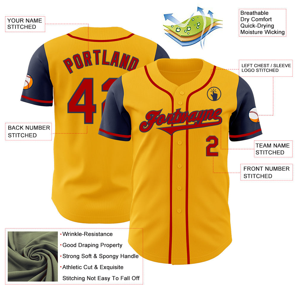 Custom Gold Red-Navy Authentic Two Tone Baseball Jersey view 3
