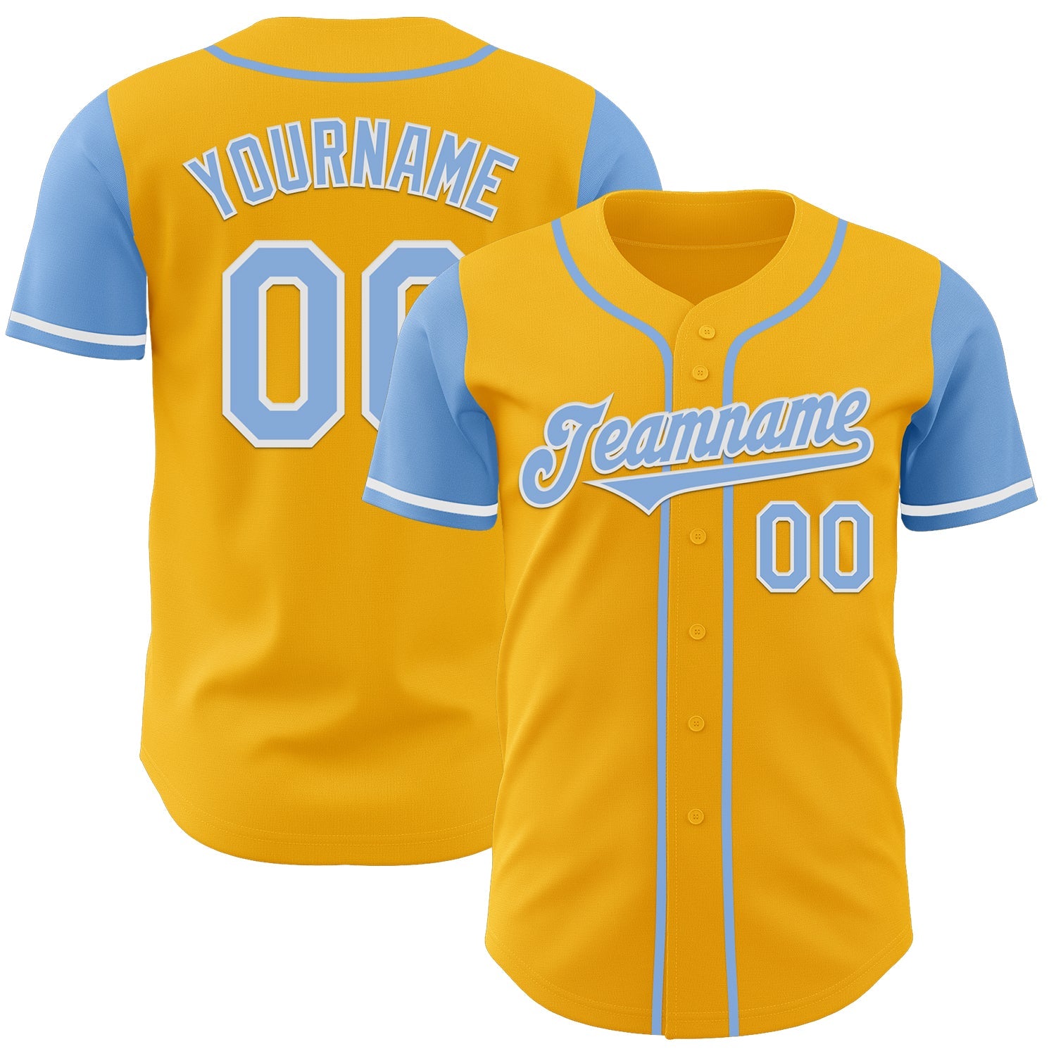 Custom Gold Light Blue-White Authentic Two Tone Baseball Jersey - Main View