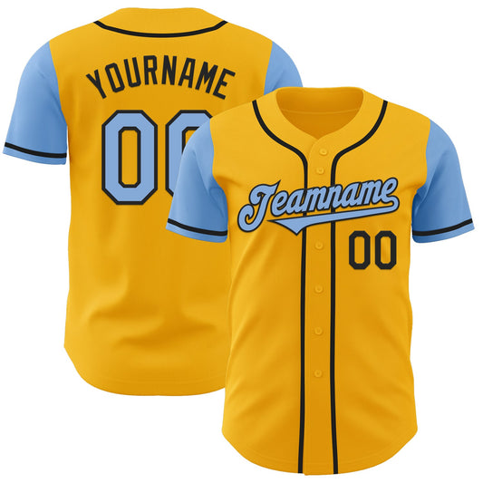 Custom Gold Light Blue-Black Authentic Two Tone Baseball Jersey - Main View