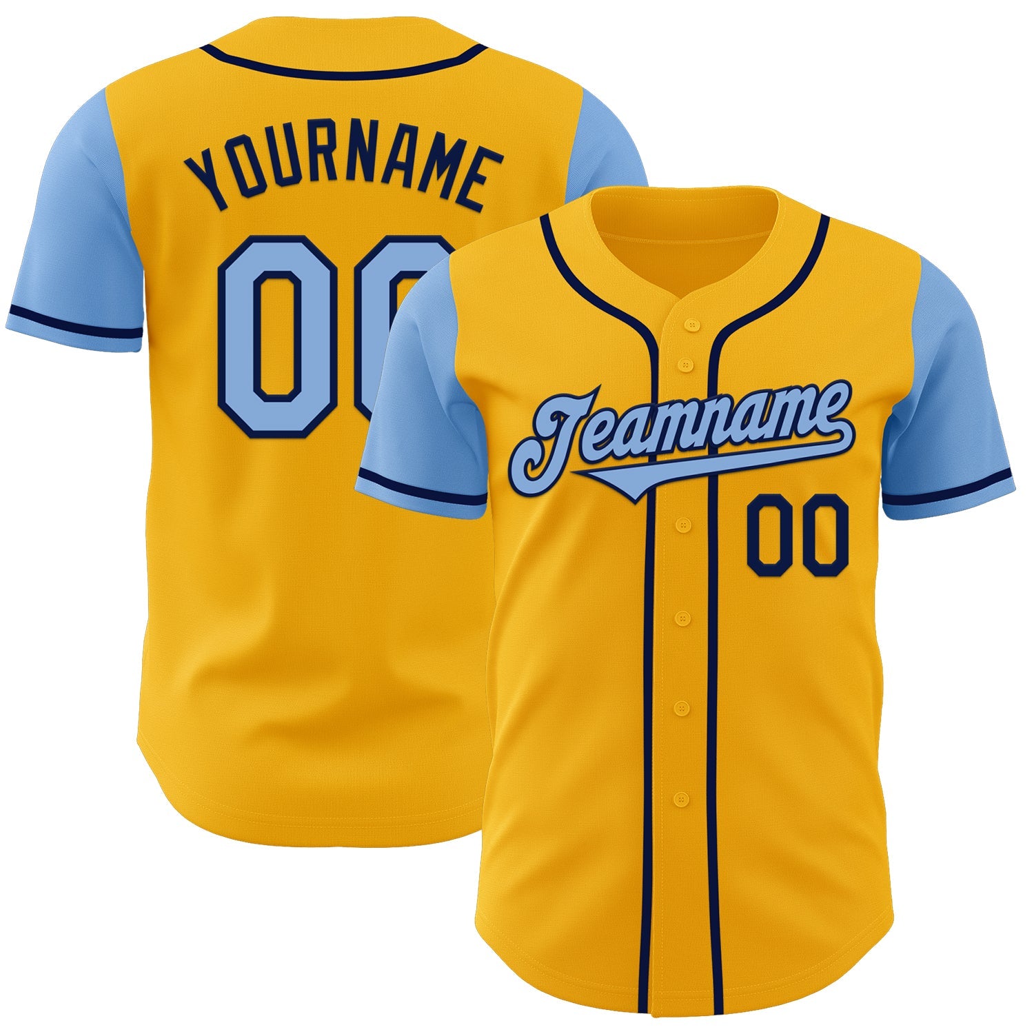 Custom Gold Light Blue-Navy Authentic Two Tone Baseball Jersey - Main View