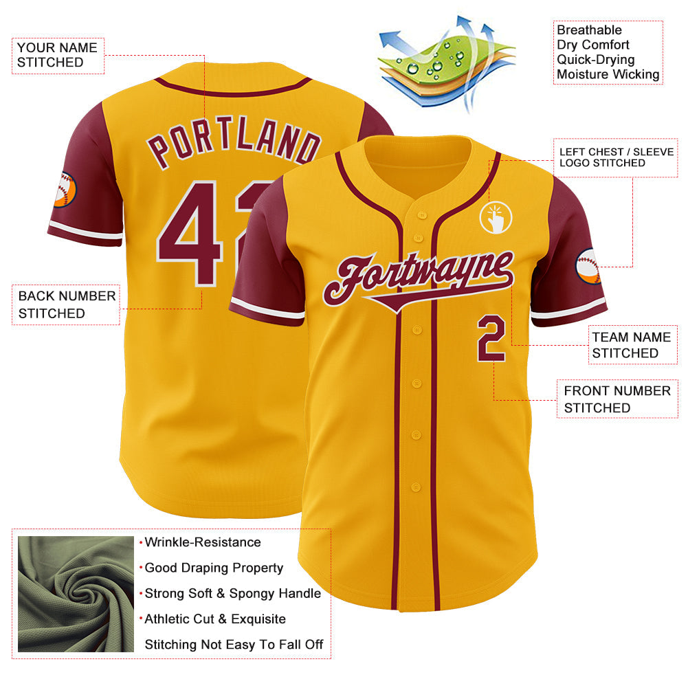 Custom Gold Crimson-White Authentic Two Tone Baseball Jersey view 3