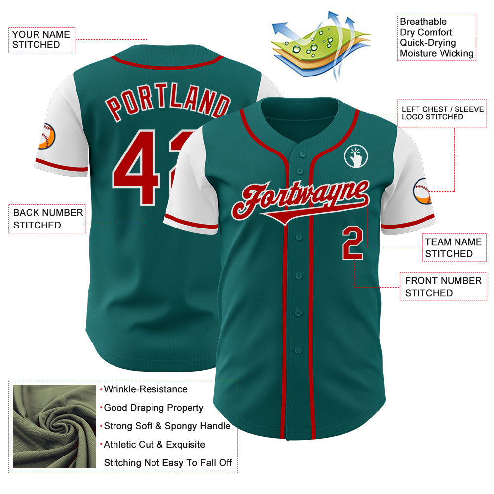 Custom Teal Red-White Authentic Two Tone Baseball Jersey view 3