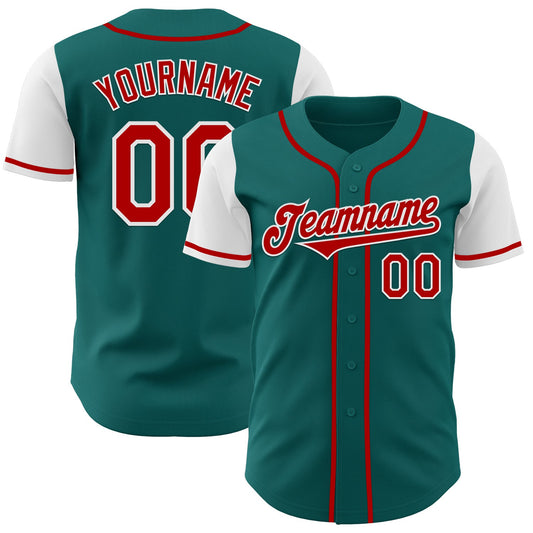 Custom Teal Red-White Authentic Two Tone Baseball Jersey - Main View