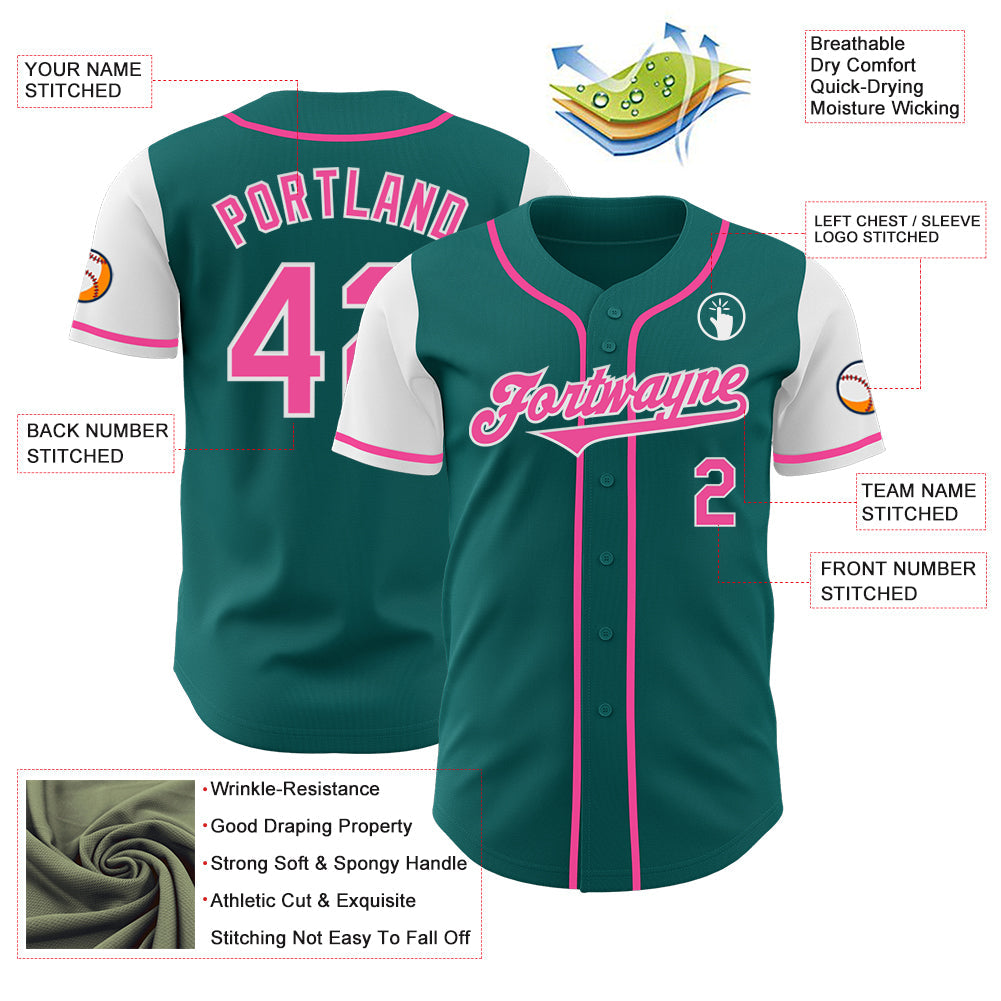 Custom Teal Pink-White Authentic Two Tone Baseball Jersey view 3