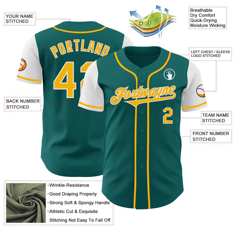 Custom Teal Gold-White Authentic Two Tone Baseball Jersey view 3