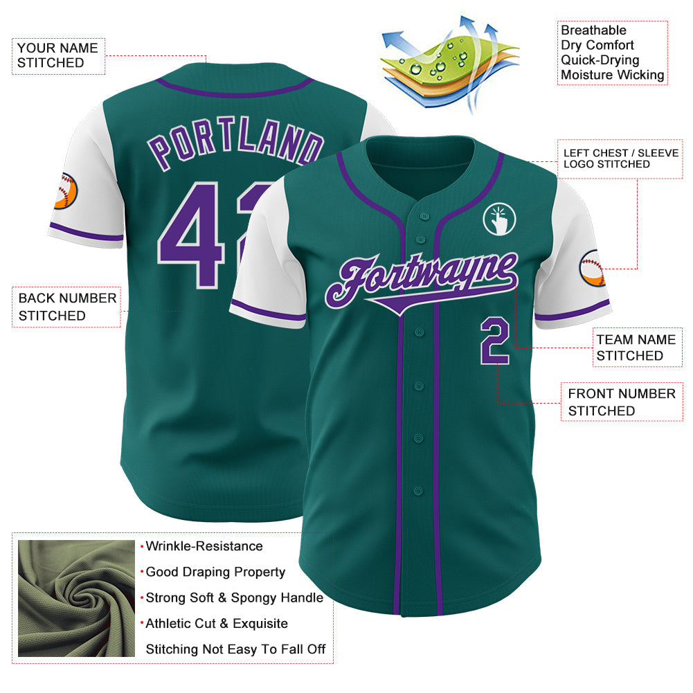 Custom Teal Purple-White Authentic Two Tone Baseball Jersey view 3