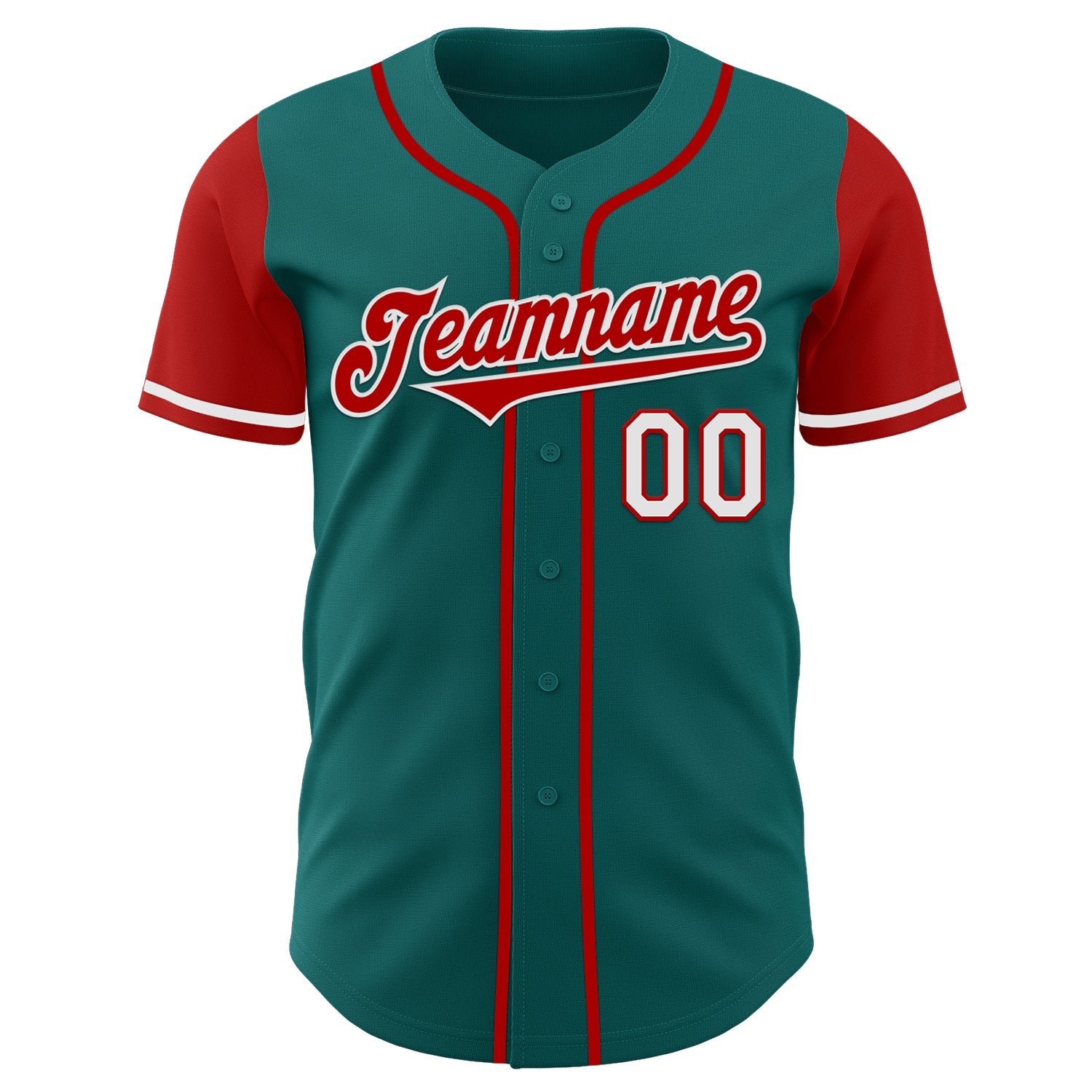 Custom Teal Red-White Authentic Two Tone Baseball Jersey view 2