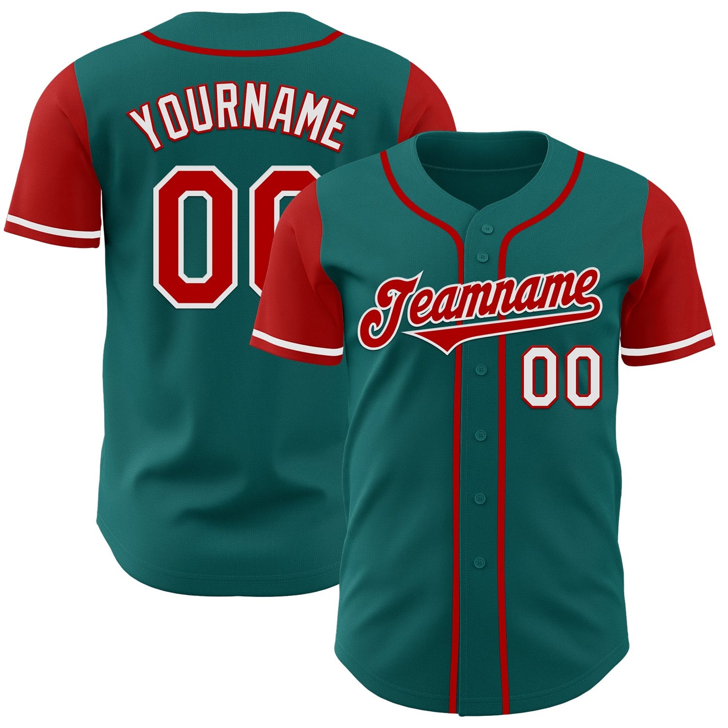 Custom Teal Red-White Authentic Two Tone Baseball Jersey - Main View