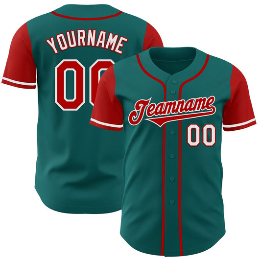 Custom Teal Red-White Authentic Two Tone Baseball Jersey - Main View