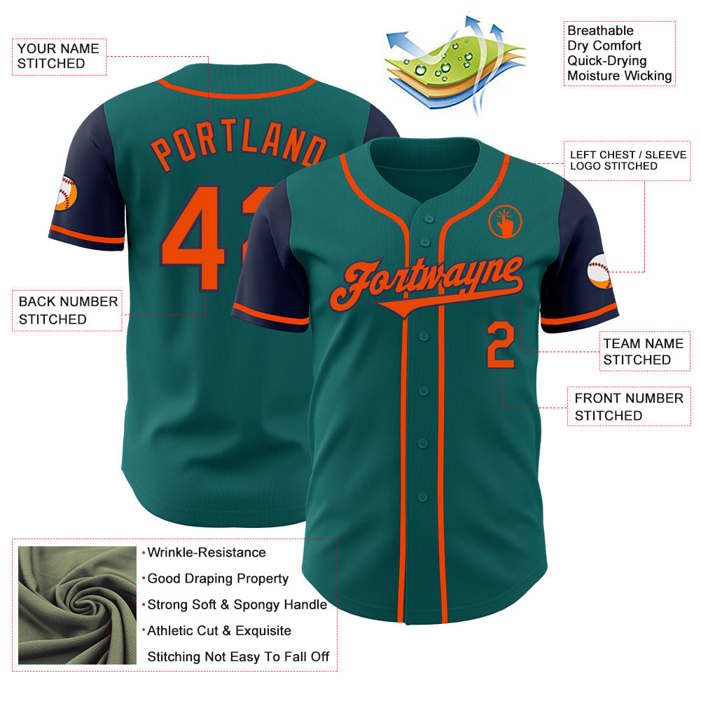 Custom Teal Orange-Navy Authentic Two Tone Baseball Jersey view 3