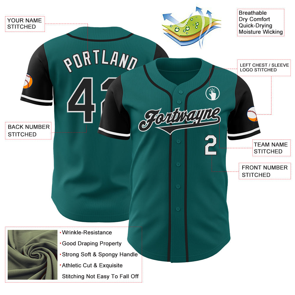 Custom Teal Black-White Authentic Two Tone Baseball Jersey view 3