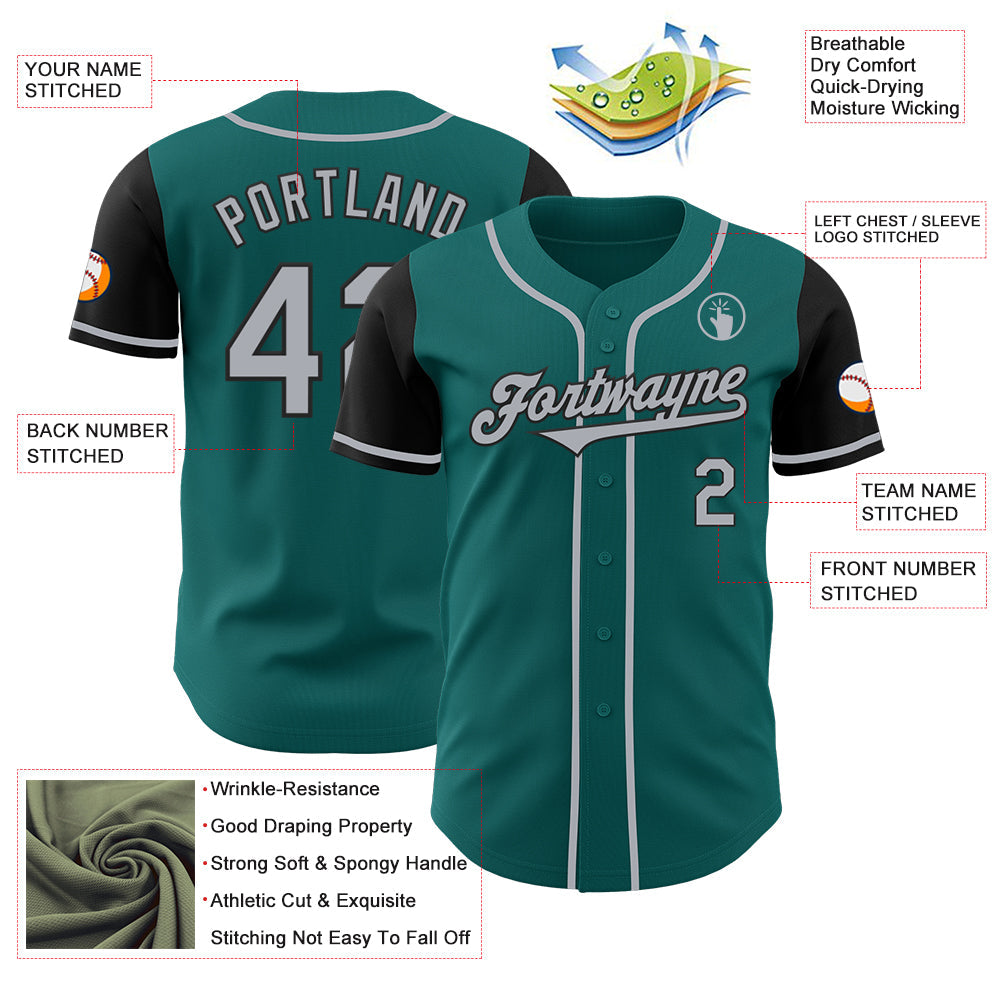 Custom Teal Gray-Black Authentic Two Tone Baseball Jersey view 3