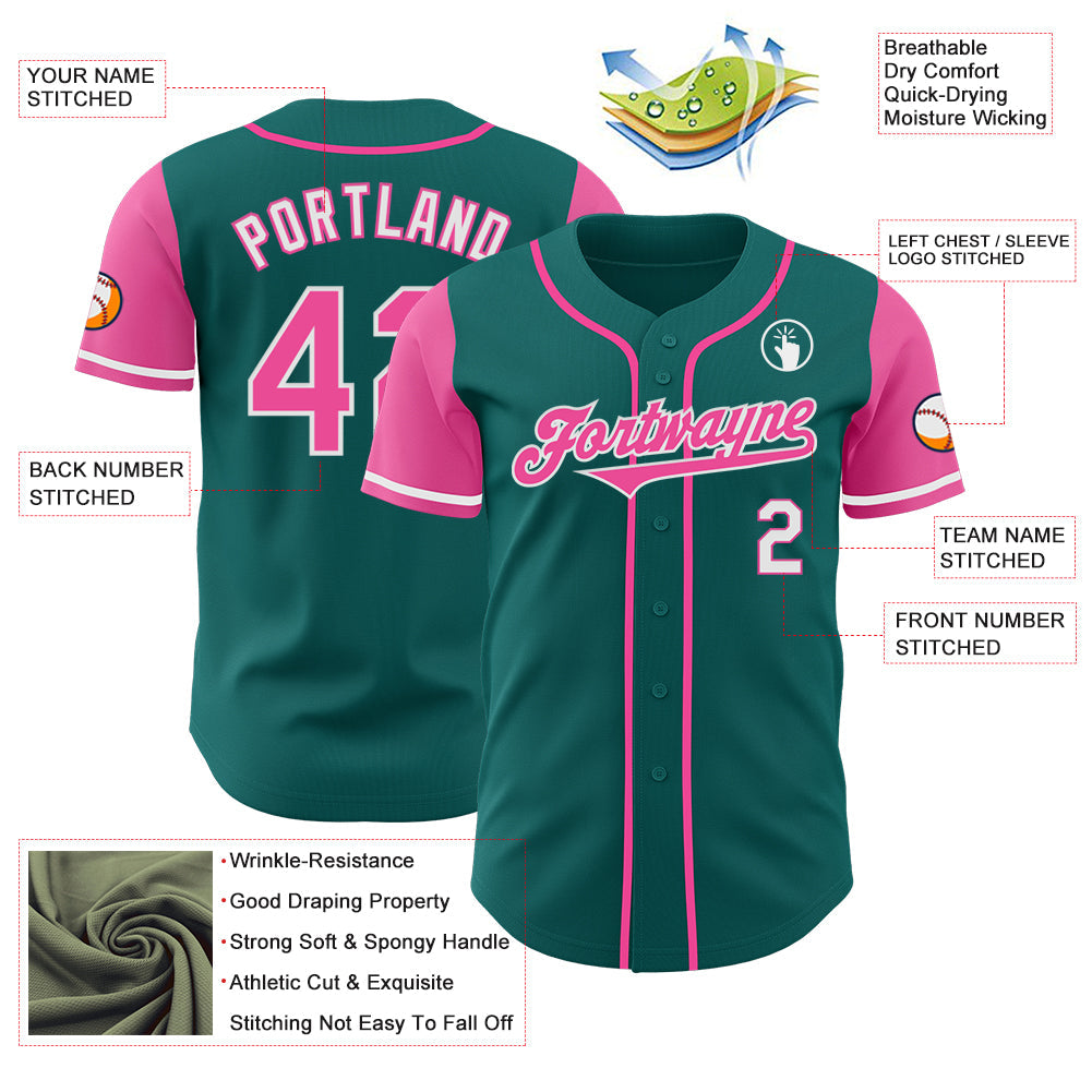 Custom Teal Pink-White Authentic Two Tone Baseball Jersey view 3