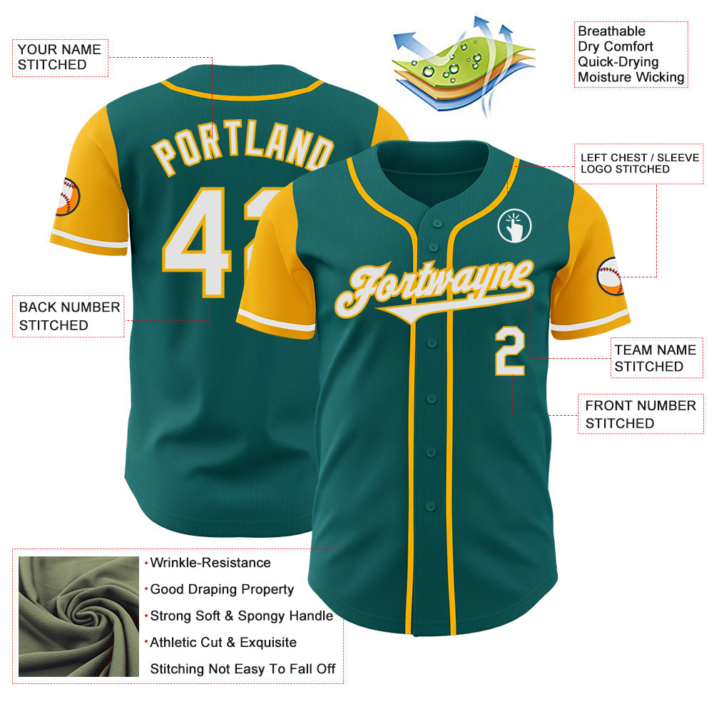 Custom Teal White-Gold Authentic Two Tone Baseball Jersey view 3