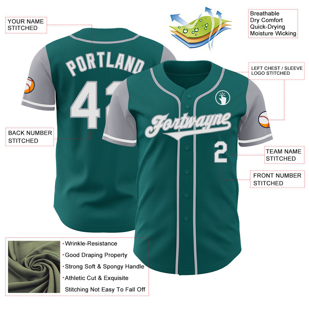 Custom Teal White-Gray Authentic Two Tone Baseball Jersey view 3