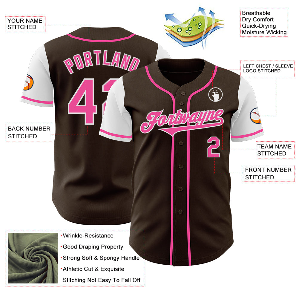 Custom Brown Pink-White Authentic Two Tone Baseball Jersey view 3