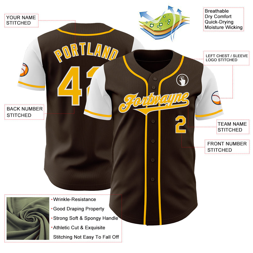 Custom Brown Gold-White Authentic Two Tone Baseball Jersey view 3