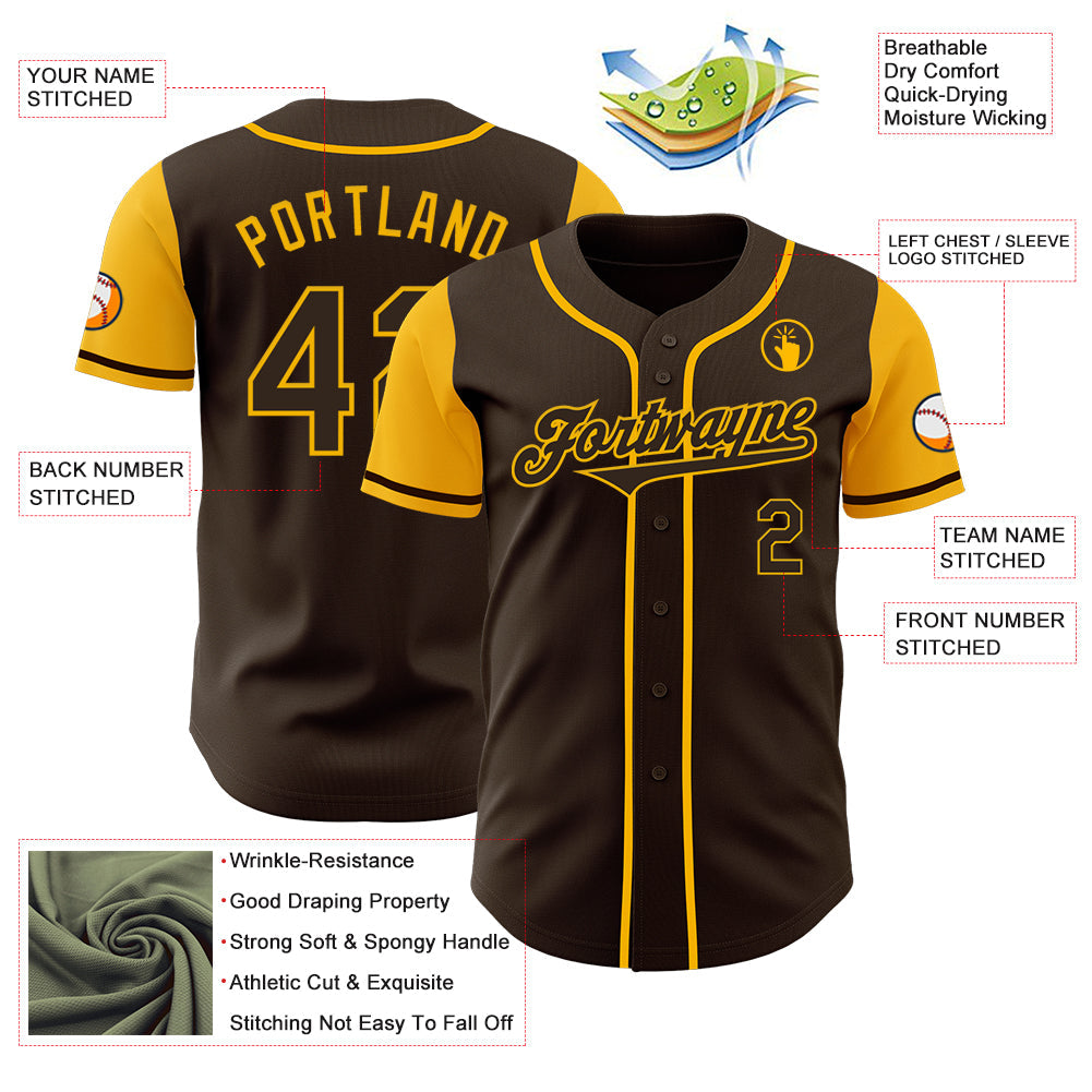 Custom Brown Gold Authentic Two Tone Baseball Jersey view 3