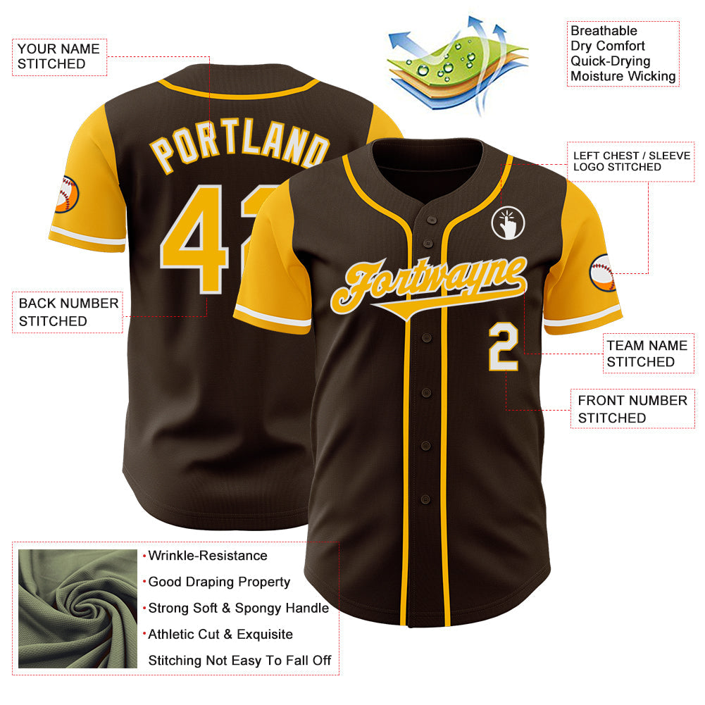Custom Brown Gold-White Authentic Two Tone Baseball Jersey view 3