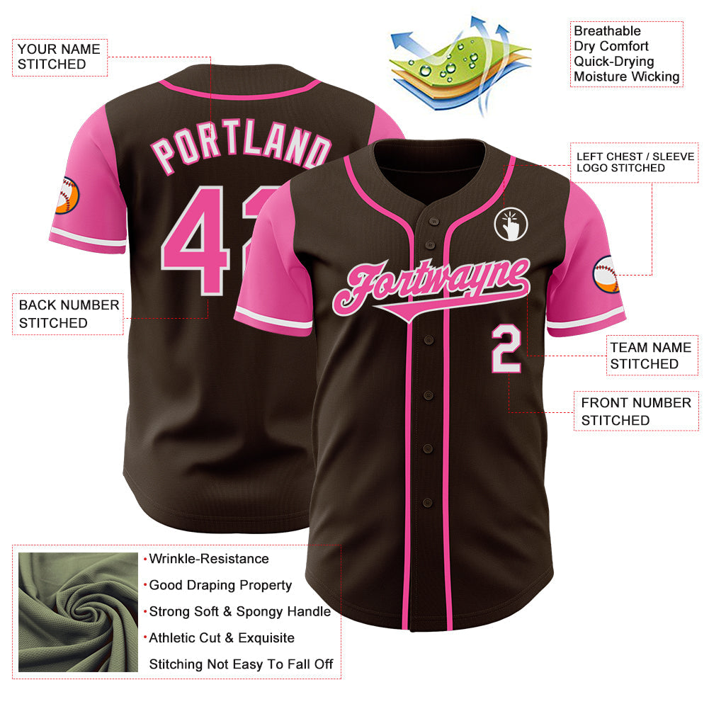 Custom Brown Pink-White Authentic Two Tone Baseball Jersey view 3