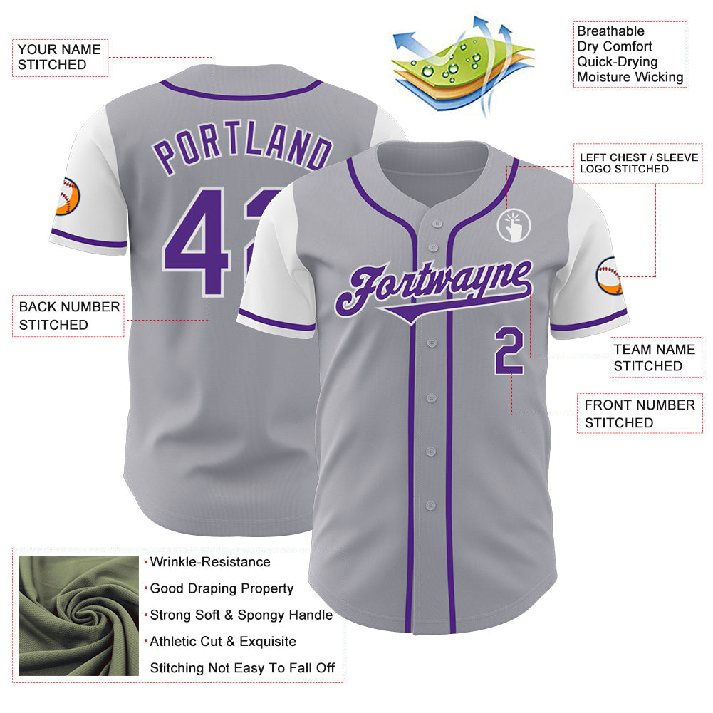Custom Gray Purple-White Authentic Two Tone Baseball Jersey view 3