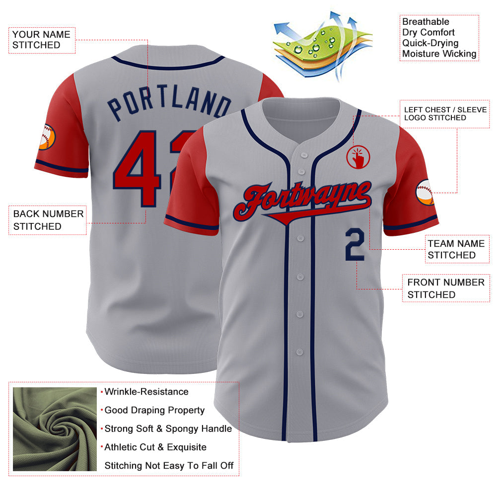 Custom Gray Red-Navy Authentic Two Tone Baseball Jersey view 3