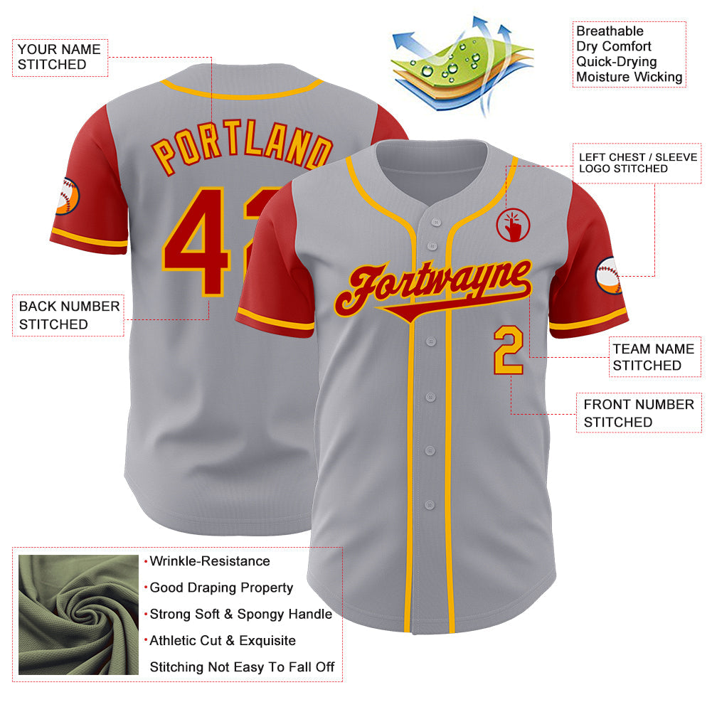 Custom Gray Red-Gold Authentic Two Tone Baseball Jersey view 3