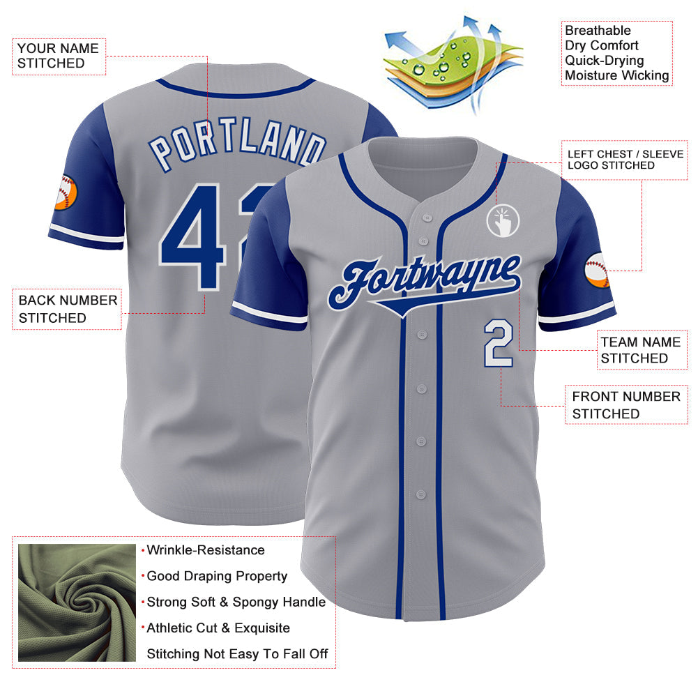 Custom Gray Royal-White Authentic Two Tone Baseball Jersey view 3