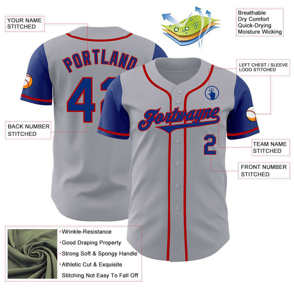 Custom Gray Royal-Red Authentic Two Tone Baseball Jersey view 3