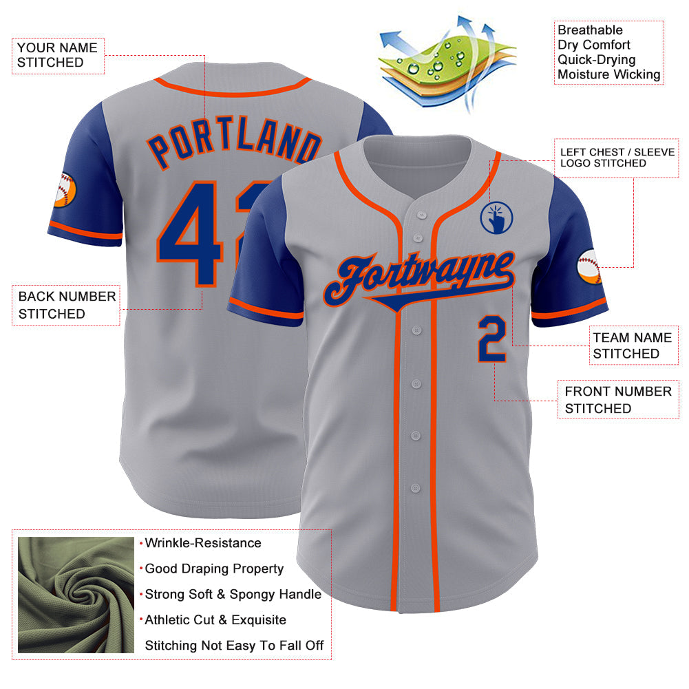 Custom Gray Royal-Orange Authentic Two Tone Baseball Jersey view 3