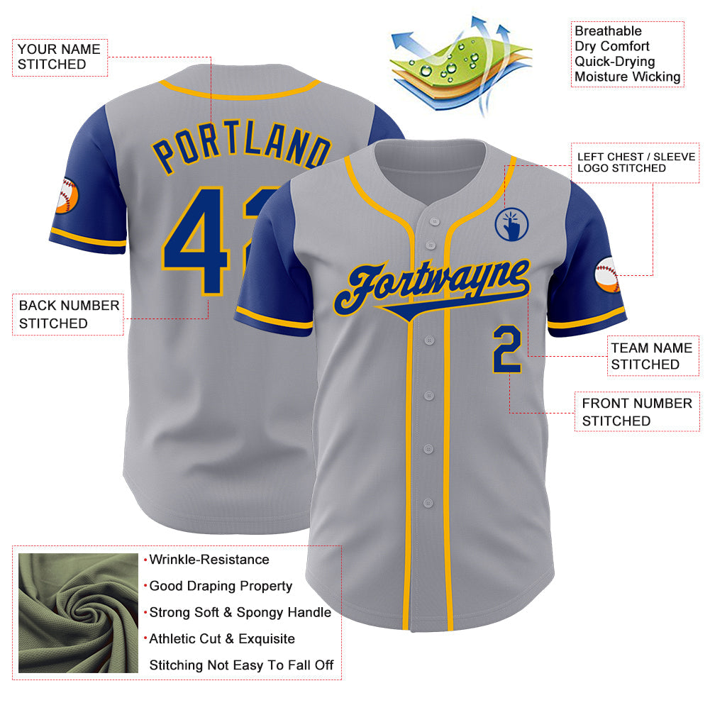 Custom Gray Royal-Gold Authentic Two Tone Baseball Jersey view 3