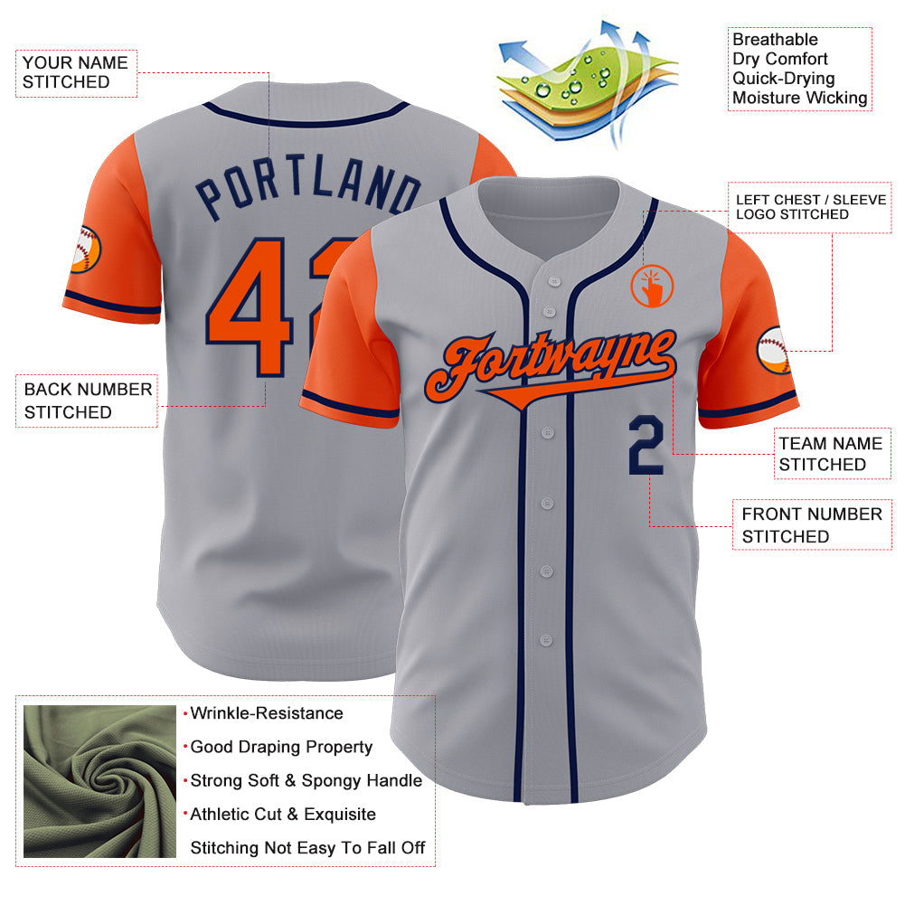 Custom Gray Orange-Navy Authentic Two Tone Baseball Jersey view 3
