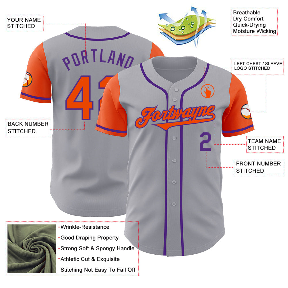 Custom Gray Orange-Purple Authentic Two Tone Baseball Jersey view 3