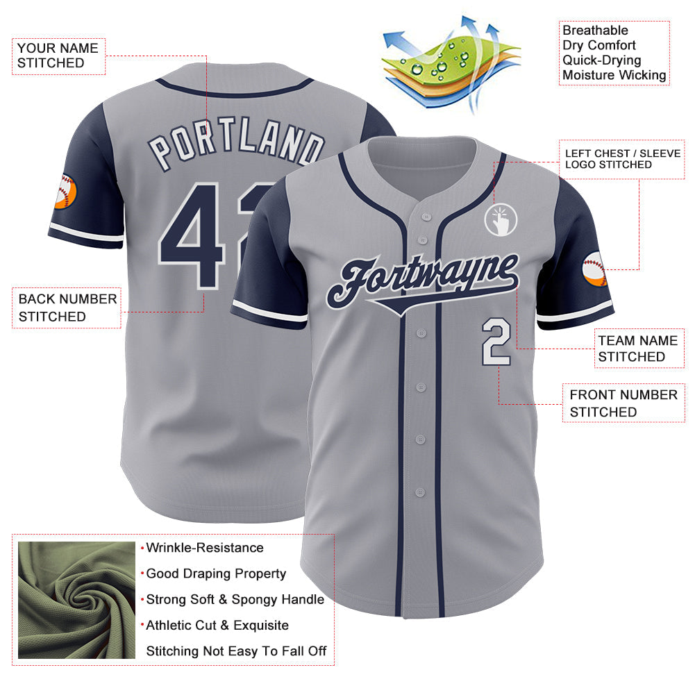 Custom Gray Navy-White Authentic Two Tone Baseball Jersey view 3