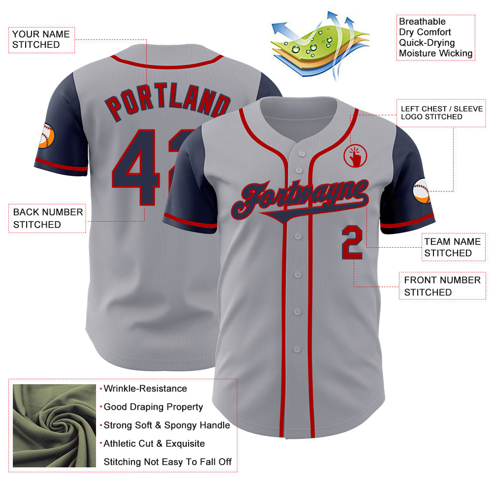 Custom Gray Navy-Red Authentic Two Tone Baseball Jersey view 3