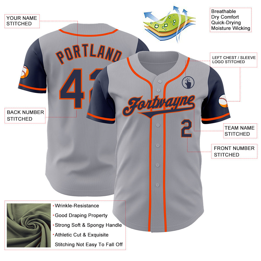 Custom Gray Navy-Orange Authentic Two Tone Baseball Jersey view 3