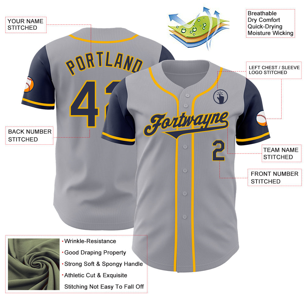 Custom Gray Navy-Gold Authentic Two Tone Baseball Jersey view 3